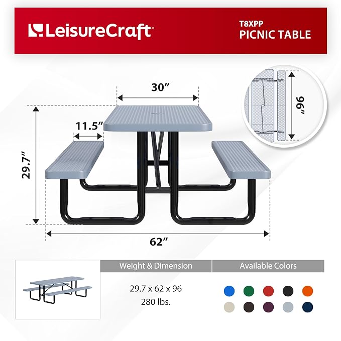 Leisure Craft Metal Picnic Table with Bench - 8 ft Rectangle Outdoor Dining Table for 8, Umbrella Hole, Weatherproof Heavy Duty Thermoplastic Coating, Commercial Grade Furniture Made in USA - Gray