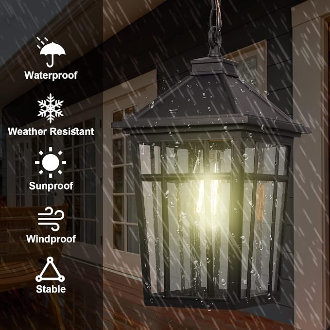 Darkaway Large Outdoor Pendant Light Fixture, 16inch Outdoor Hanging Light Porch Lights Fixtures Anti-Rust Waterproof Aluminum with Seeded Glass for Porch Entryway Doorway Farmhouse (Black，Large)