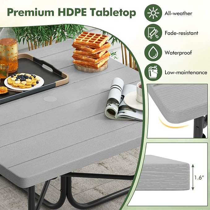 HAPPYGRILL 4-8 Person Square Picnic Table Bench Set with Umbrella Hole, Outdoor Camping Table with HDPE Material and Sturdy Metal Frame for Patio, Garden and Backyard, Gray
