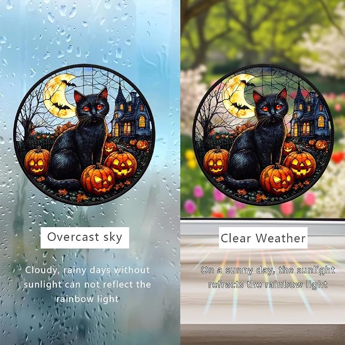 Acrylic Halloween Sun Catcher - 7.87 Inch Black Cat Round Suncatcher for Window Hanging Decoration - Creates Indoor Rainbows Light Refraction - Spooky Ghost, Witch, Pumpkin Design