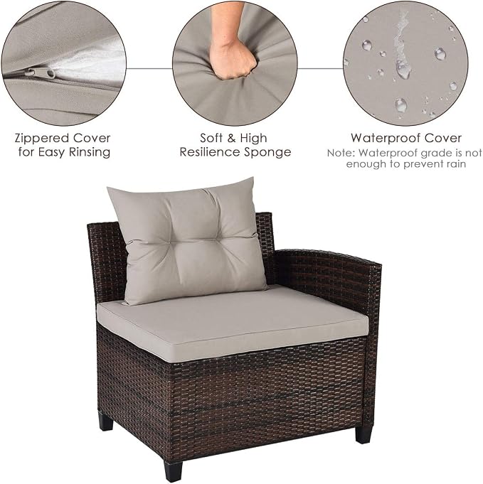 COSTWAY 4-Piece Patio Furniture Set, Wicker Rattan Sofa with Cushions and Coffee Table, Outdoor Sectional Conversation Sofa Set for Poolside Backyard Lawn Backyard (Grey)