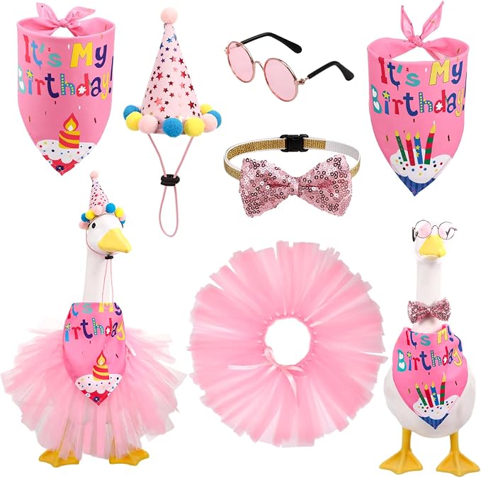 6Pcs Porch Goose Birthday Decor Set for Outdoor Cement Goose Yard | Cute Porch Goose Birthday Costume Accessory Kit With Tutu Skirt Party Hat Scarves Bow Tie Glasses for Outdoor Decoration