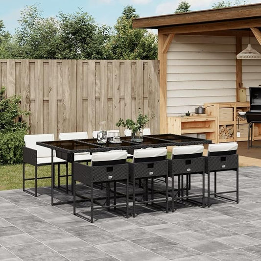 9 pcs Set Patio Dining Set & Balcony Furniture Black Poly Rattan Garden Dining Set Outdoor Dining Set for Patio Garden Backyard 86.6 x 41.7 x 28.7 in