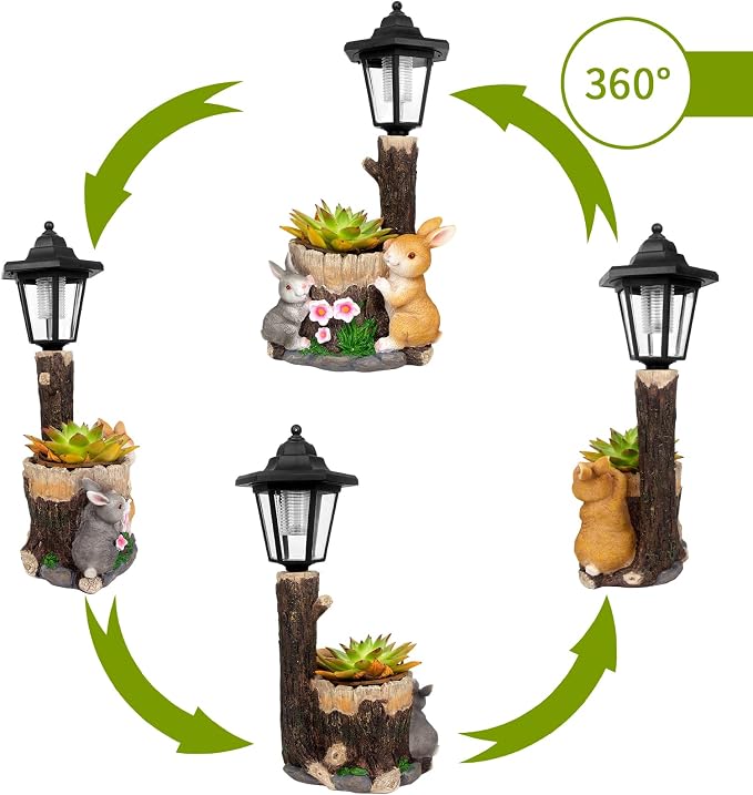 Solar Bunny Statue Outdoor, Rabbits Figurine with Flowerpot & Lantern | Garden Sculptures for Yard Art Lawn Ornaments Porch Patio Balcony - Gardening Gifts for Women Mom