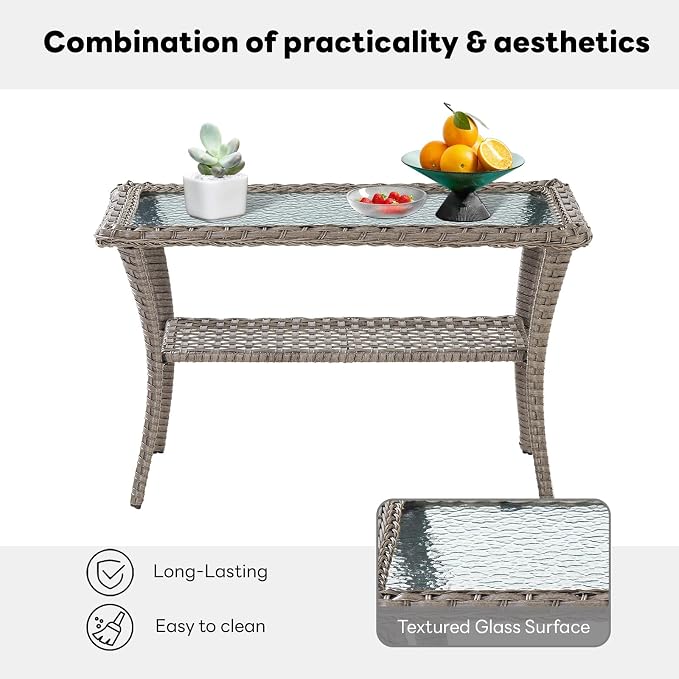 Belord 40 Inch Rectangular Coffee Table - Grey Wicker Outdoor Table with 2-Layer Storage, Tempered Glass Top, Rattan Patio Furniture for Balcony, Porch, Deck