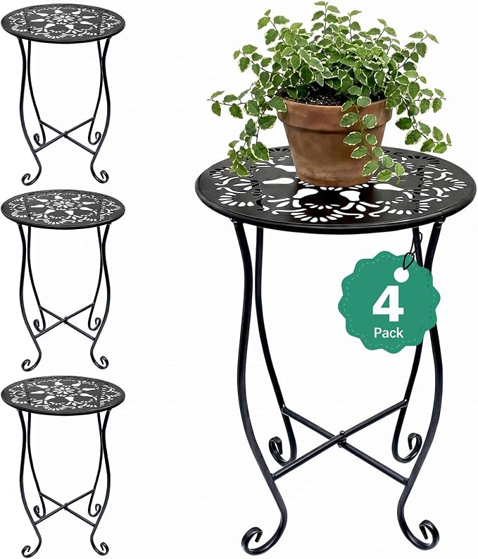 Arbuxzuy 17" Tall Round Metal Outdoor Side Tables for Patio, Decorative Black Flower Pot Stand, Rustproof Potted Holder, 120 lbs Load Capacity (4pcs)