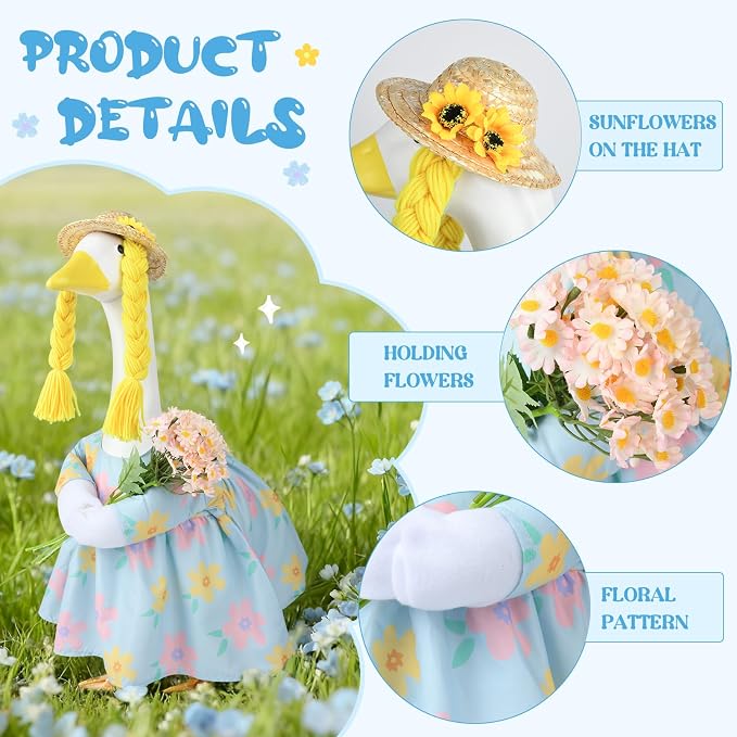 Spring Porch Goose Outfit, 23 Inch Floral Dress with Straw Hat and Braided Hair, Cute Goose Statue Clothes for Outdoor Lawn Garden Decor, Funny Farmhouse Porch Decoration