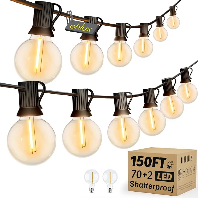 OHLUX Outdoor String Lights, 150FT Patio Lights with 70+2 Dimmable Plastic LED G40 Bulbs, 2200K Waterproof Connectable Hanging String for Backyard Cafe Porch Deck E12 Base