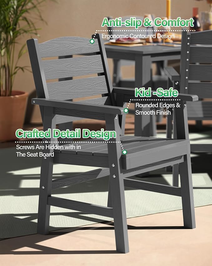 YEFU Outdoor Dining Chairs Set of 2: HIPS Patio Dining Chairs - Modern All Weather Patio Outdoor Chairs - Waterproof Easy-Clean Plastic Furniture for Poolside Garden Backyard Deck(Grey)