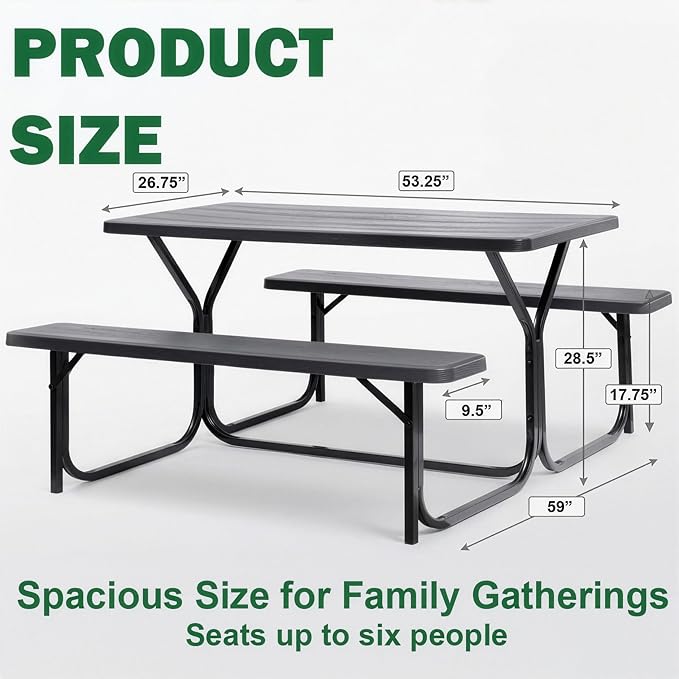 Gray Outdoor Picnic Table Set with Benches, Woodgrain Plastic Patio Dining Table with Metal Frame, Weather-Resistant Picnic Bench Table for Backyard, Patio, Garden, Park, Seats 6