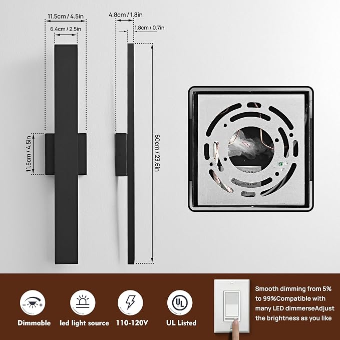 23.6inch Long Outdoor Modern LED Wall Light,24W Waterproof IP65 Warm White Led Wall Mount Lighting Fixture Black Outdoor Wall Sconces Outside Lights for House Garage Front Door Patio 2Pack