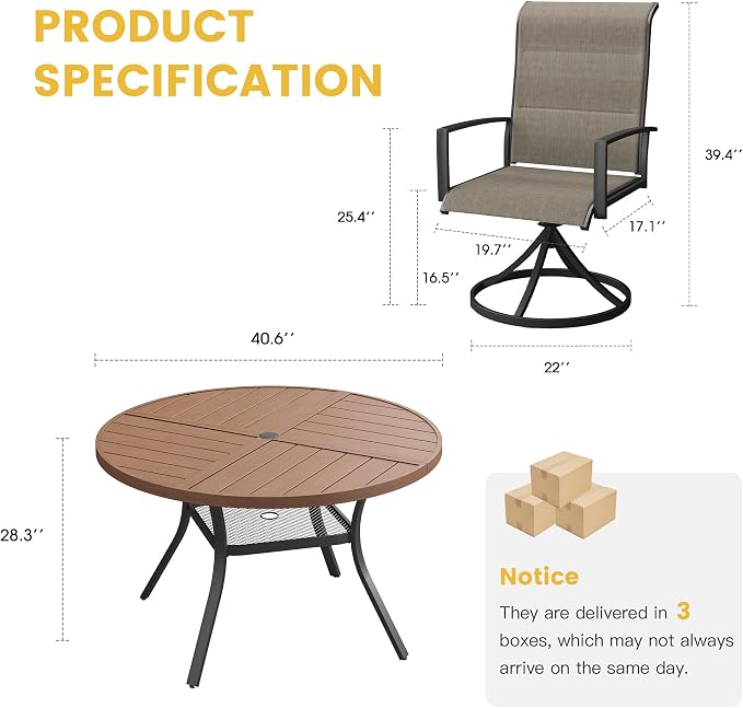 VICLLAX Patio Dining Set for 4, 4 Seats Outdoor Furniture Includes 40.7" Round Patio Table and Swivel Padded Chairs, Walnut Tabletop and Mixed Brown Fabric