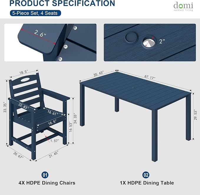 Domi HDPE Outdoor Dining Set, All-Weather 5 Piece Outdoor Dining Table Set with 2" Umbrella Hole, Outdoor Patio Dining Set for Garden, Poolside, Backyard, Deck, Blue