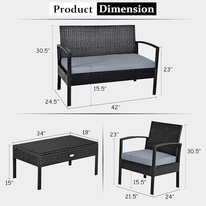 Tangkula 8-PCS Wicker Patio Conversation Furniture Set, Outdoor Rattan Chair and Table Set, Patio Furniture Sets with Coffee Table & Washable Cushions for Courtyard Balcony Garden (2, Black)