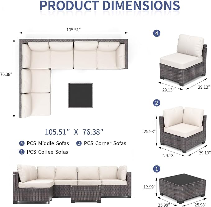 Garvee Patio Furniture Set, 7-Piece Outdoor Couches for Patio, Wicker Sectional Sofa with Coffee Table & Cushions
