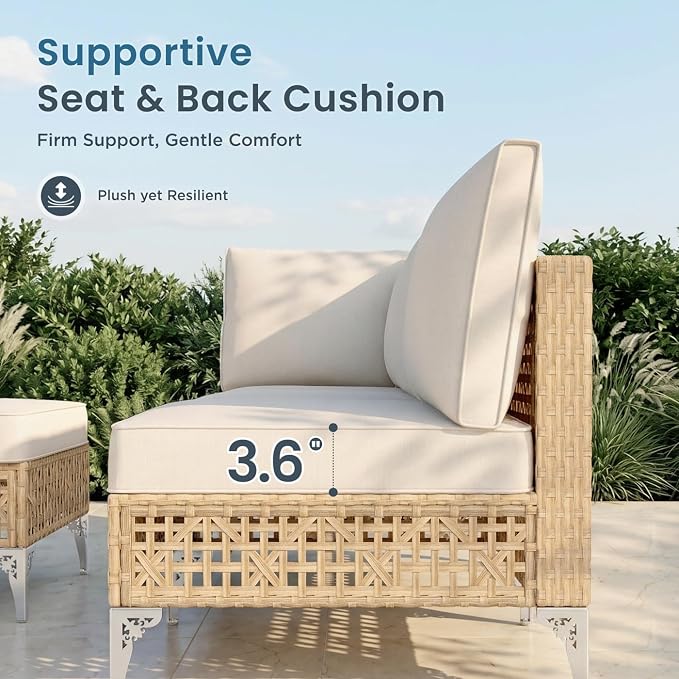 PHI VILLA Wicker Patio Furniture Set, Rattan Patio Sectional Sofa Sets, Boho Outdoor Modular Couch Sets with Ottomans for Backyard, Porch(7 Pieces, Beige Cushion)
