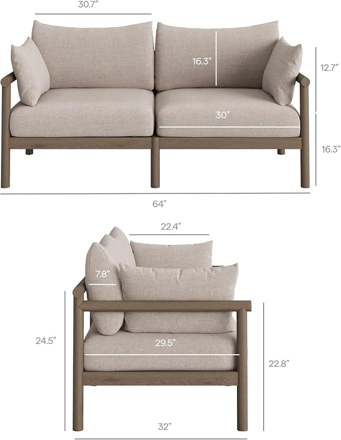 Modway Eleni 5-Piece Outdoor Teak Wood Patio Furniture Set in Weathered Gray Pebble – Backyard Conversation Set with Loveseat, 2 Armchairs, Side Table, and Coffee Table