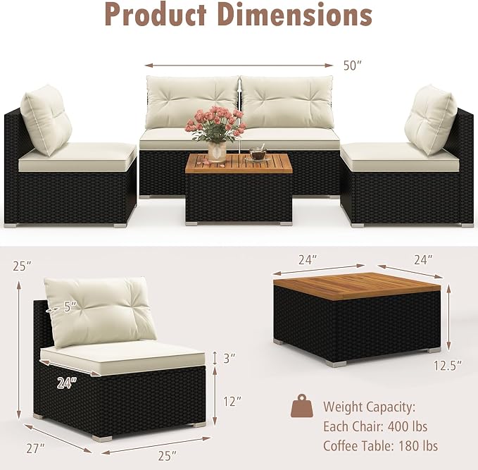 Tangkula 5 Pieces Wicker Patio Furniture Set, Outdoor 4 Armless Rattan Sofa & Coffee Table Set, with Cushions, Acacia Wood Tabletop, Sectional Patio Conversation Set for Lawn, Yard, Poolside