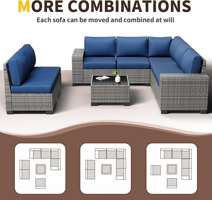 Outdoor Patio Furniture Set, 8‘’ Wide armrest Outdoor Sectional Rattan Sofa Set, Wicker Patio Furniture Sets w/Coffee Table,Thick Cushions and Cover for Porch, Balcony,8 PCS(Grey&Navy)