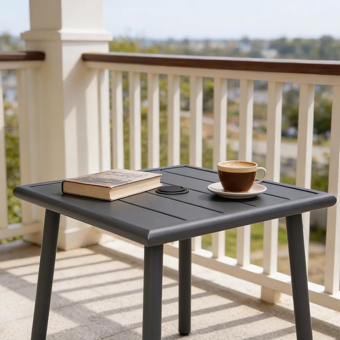 Small Metal Outdoor Side Table with Umbrella Hole Set of 2, Sqaure Patio Coffee Bistro Table End Table, Umbrella Table with Hole for Poolside Yard Porch Deck Balcony,19.7x19.7 inches, Black