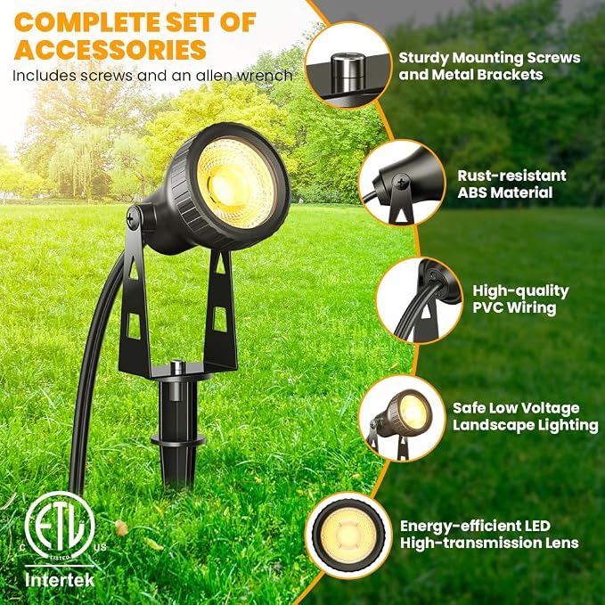 FOOMAN 6-Pack Spot Lights Outdoor, Low Voltage Landscape Lighting | LED Pathway Lights with Transformer, IP68 Waterproof Warm White Spotlight for Yard Garden Flags House Lawn Tree