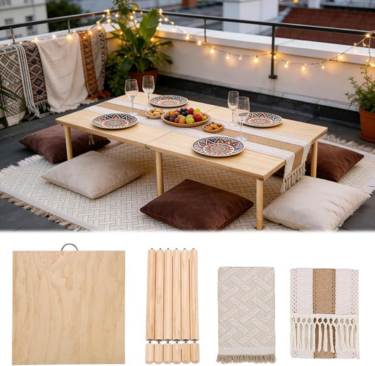 Folding Picnic Table with Boho Table Runner & Large Picnic Blanket, 60" x 30" Portable Wooden Picnic Table with Adjustable Heights for Indoor & Outdoor, Ideal for Camping, Beach, Wedding & Party