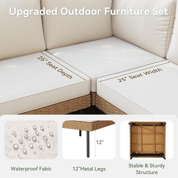 Aoxun 6 Piece Patio Furniture Set, 6 Seats Outdoor Sectional Sofas with Thick Cushion, Wicker Outdoor Patio Furniture Set with Ottomans for Party, Garden, Backyard, Beige