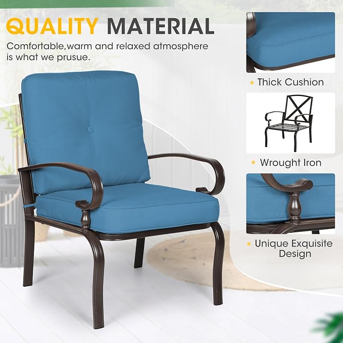 Incbruce 5 Pcs(6 Seats) Outdoor Metal Furniture Sets Wrought Iron Patio Conversation Sets, (Glider, 2 Single Chairs, Loveseat, and Coffee Table) with Cushion (Peacock Blue)