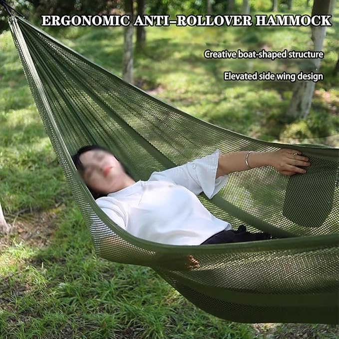 Summer Breathable Ice Silk Hammock, Outdoor Portable Double Hanging Bed, Park Leisure Swing with Straps, Load Bearing 300kg/661.4lbs(Military Green)