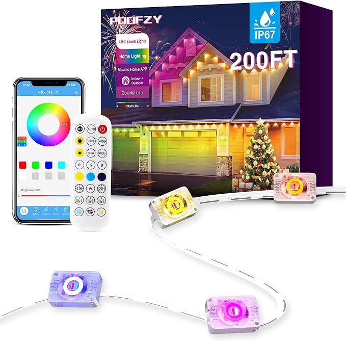 POOFZY Permanent Outdoor Lights for House,200ft RGB+IC Smart Outdoor Decor, 50 Scene Modes,App/Remote Control,IP67 Waterproof,for Christmas,Easter,V-Day,Thanksgiving,Daily & Holiday Party Decor