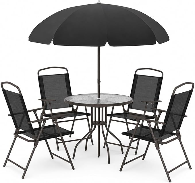 6-Piece Patio Dining Set for 4 with Umbrella, Outdoor Table and Chairs Set with 4 Folding Chairs, Round 31.5" Tempered Glass Table for Garden Backyard Poolside (Black)
