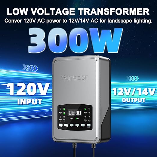 Vansdon 300W Low Voltage Landscape Transformer,2 Zone,120V AC to 12/14V AC | Photocell Sensor & Timer,Circuit protection & Memory function,5 modes,Weatherproof,for Pathlight,Spotlight,ETL Listed
