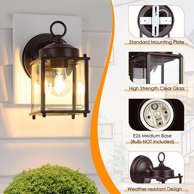 MATAMEYE Outdoor Wall Lantern, Exterior Dark Chocolate Waterproof Wall Sconce Lighting Fixture, Front Door Wall Lamp with Clear Beveled Glass, 2 Pack