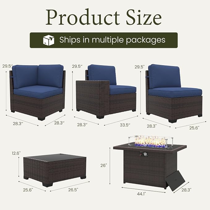 LayinSun 7 Pieces Outdoor Patio Furniture Set with 44" Fire Pit Table Brown Rattan Sectional Sofa Conversation Sets