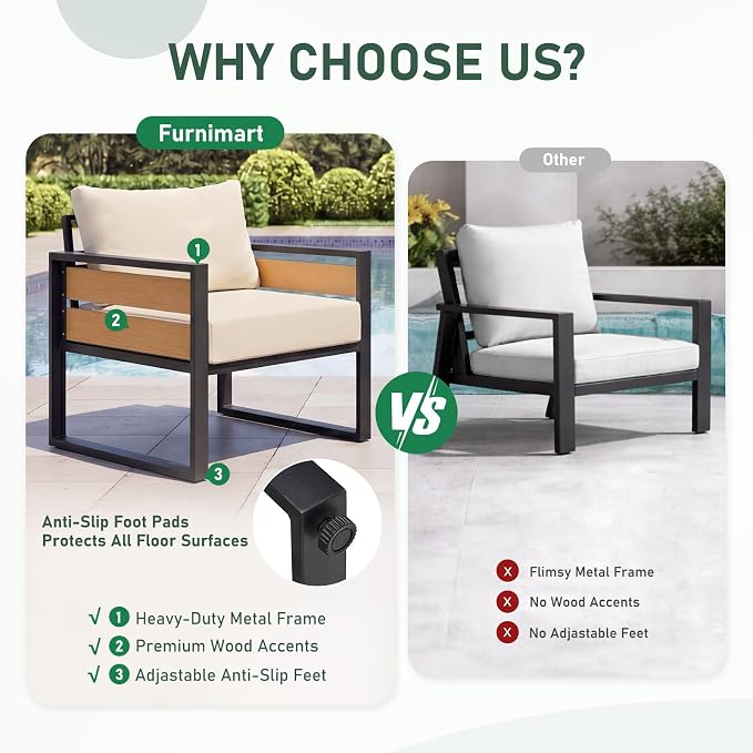 Furnimart Patio Furniture Set, 3-Piece Metal Outdoor Sectional, 2-Seat Patio Conversation Set with Deep Seating, Thick Cushions & Coffee Table for Backyard, Porch & Deck, Beige