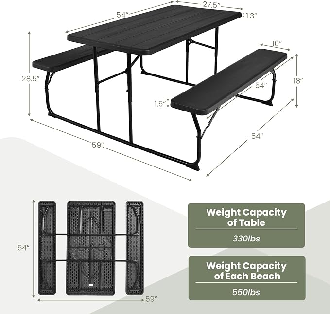 Tangkula Folding Picnic Table with 2 Benches, Outdoor Metal Camping Table Set with Plastic Wood-Like Texture Tabletop & Steel Frame, Foldable Camping Table for Picnic, Party, BBQ (Black)