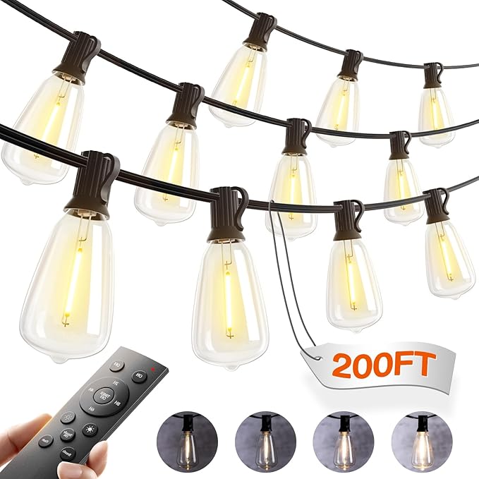 addlon 200(50FT*4) Outdoor String Lights with Remote LED Edison Waterproof | Plastic ST38 Shatterproof Bulbs, Extra Long Lighting, Hanging for Patio Outside Backyard Pergola Bistro Porch Garden Party