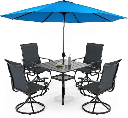 SUNCROWN 6-Piece Outdoor Dining Set, All Weather Patio Furniture Sets with 4 Black Swivel Textilene Mesh Chairs & Square Metal Table & 1 Light Blue 9Ft Umbrella for Deck Garden Backyard Poolside