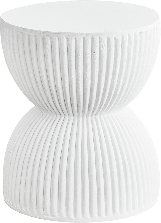 LeisureMod 15" Round Hourglass Fiberstone Side Table, Modern Accent End Table for Indoor Outdoor Use, Durable Small Table for Living Room, Patio, Balcony, or Garden - White