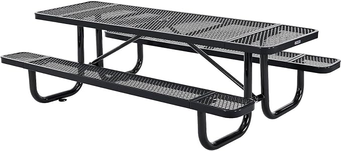 Global Industrial 8’L Rectangular Picnic Table, Expanded Metal, Black Thermoplastic Coating, Attached Benches, 1-1/2” Umbrella Pole Hole, Outdoor-Rated, 1000 lb Capacity, 96” x 30” Tabletop