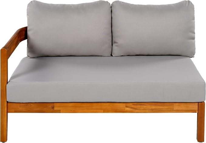 Acacia Wood L-shaped Outdoor Corner Sofa, Patio Conversation Furniture Set With 6 Soft Seat Cushions and Backpack , All Weather Outdoor Patio Sofa with Arc frame for Backyard, Garden (Grey-3.20)