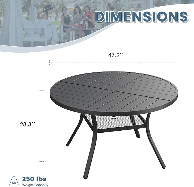 DIFY 47.2" Round Outdoor Patio Dining Table for 6, Metal Patio Table with 1.57" Adjustable Umbrella Hole, All-Weather Outdoor Furniture Table for Garden Backyard Deck, Black