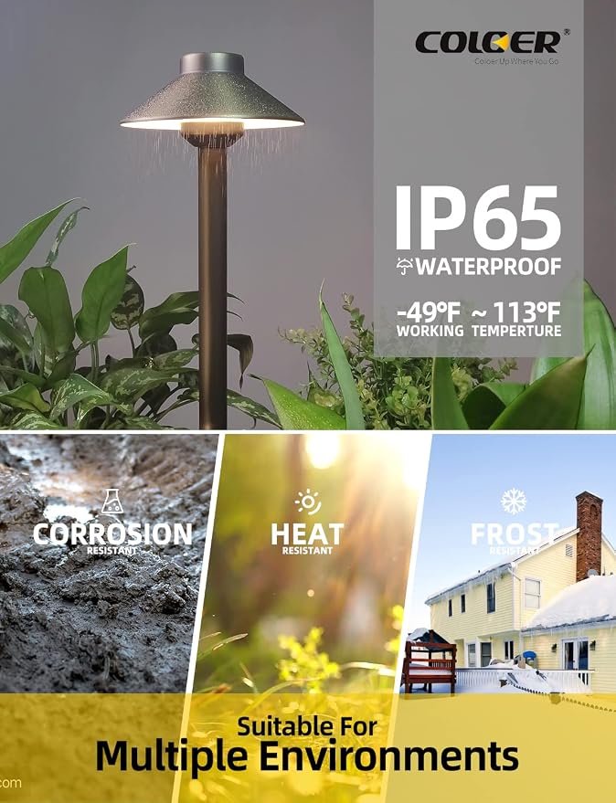 COLOER Brass Low Voltage Pathway Lights Wired 4-Pack with 3W LED G4 Bulb,12V Waterproof China Hat Outdoor Path Lighting for Yard, Patio, Landscape, Planter, Walkway(602B)