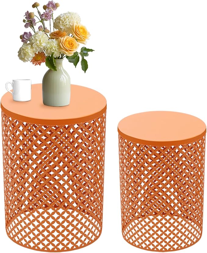 2PCS Outdoor Side Table, Modern End Table Cylindrical Metal Frame Accent Table, Metal Frame Accent Table for Gardens, Balconies, Bedrooms, Living Rooms (Orange)