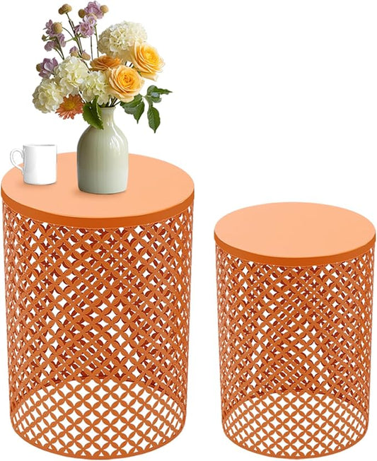 2PCS Outdoor Side Table, Modern End Table Cylindrical Metal Frame Accent Table, Metal Frame Accent Table for Gardens, Balconies, Bedrooms, Living Rooms (Orange)
