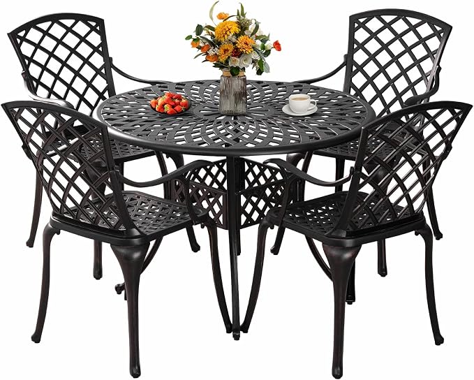 5 Pieces Outdoor Patio Dining Set, Cast Aluminium Patio Furniture Set with 4 Chairs Round Table, Anti Rust Outdoor Dining Set with 1.97" Umbrella Hole for Garden, Porch and Poolside, Bronze