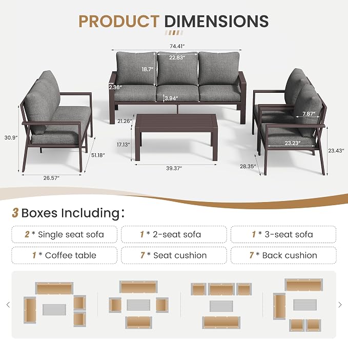 Aluminum Patio Furniture Set 5 Pieces Modern Patio Conversation Sets for Porch, Deck, Garden, 7-Seat Outdoor Furniture Metal Sofa Set with 4" Water-Resistant Cushion & Coffee Table,Gray