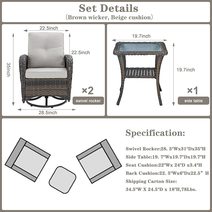 Belord Patio Wicker Chairs Swivel Rocker - Outdoor Swivel Rocking Chairs Set of 2 with Rattan Side Table, Patio Swivel Glider Chair 3 Piece Patio Furniture Sets for Deck Porch Pool Brown/Beige