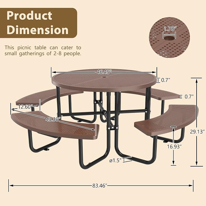 46" Round Metal Picnic Table with Umbrella Hole, Heavy Duty Stainless Steel Outdoor Table, Portable Patio Dining Table for Backyard Garden Picnic (Coffee -Round)
