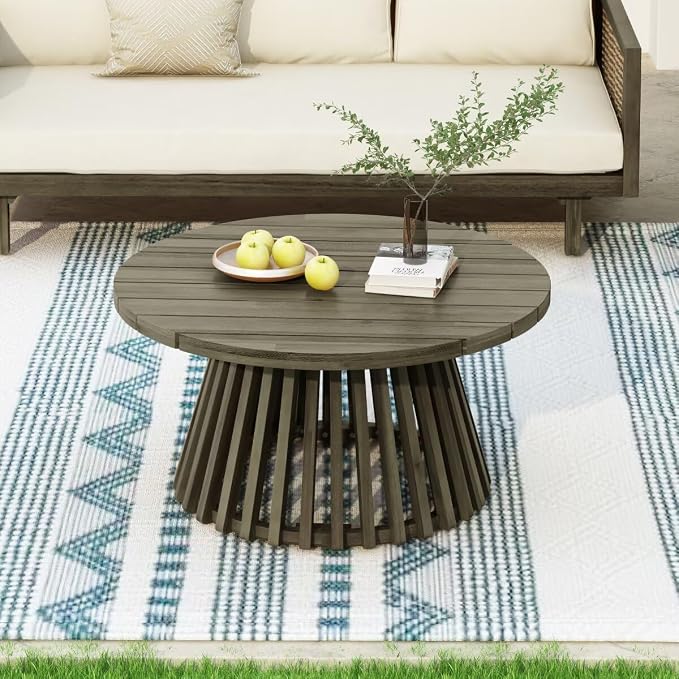 JIJIWANG 31.5" Outdoor Acacia Wood Patio Coffee Table for 2-4 Person, Round Coffee Table for Backyard, Lawn, Balcony, Grey Finis